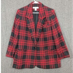 Kathryn‎ Deene Red Black Plaid Single Button Womens Blazer Size 16